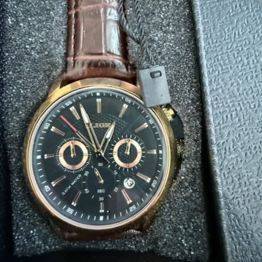 LIGE men's Watch Rose Gold with Black Dial and Brown Leather Strap